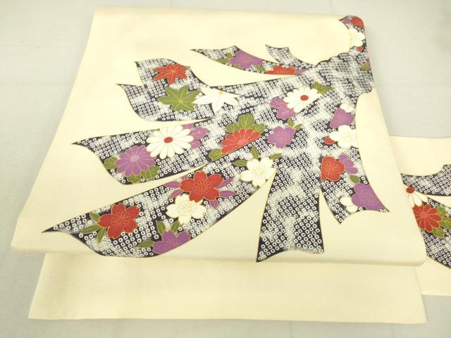 平和屋着物●塩瀬　九寸名古屋帯　束ね熨斗鹿の子草花文　正絹　逸品　DAAW4472cm