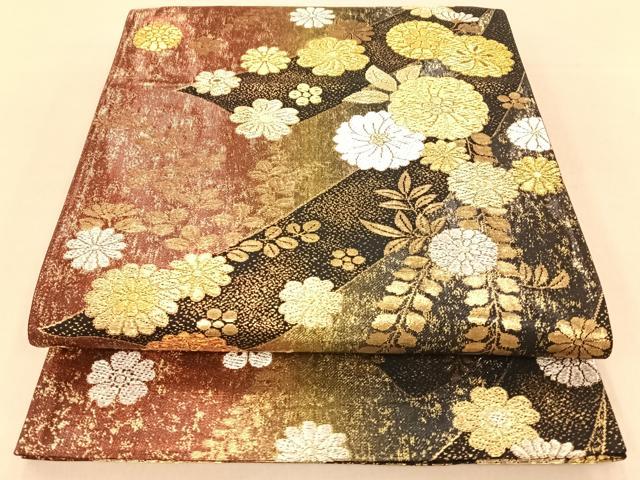 平和屋着物◎六通柄袋帯 熨斗舞花文 黒地 金銀糸 引箔 正絹 逸品 AAAO3356ey