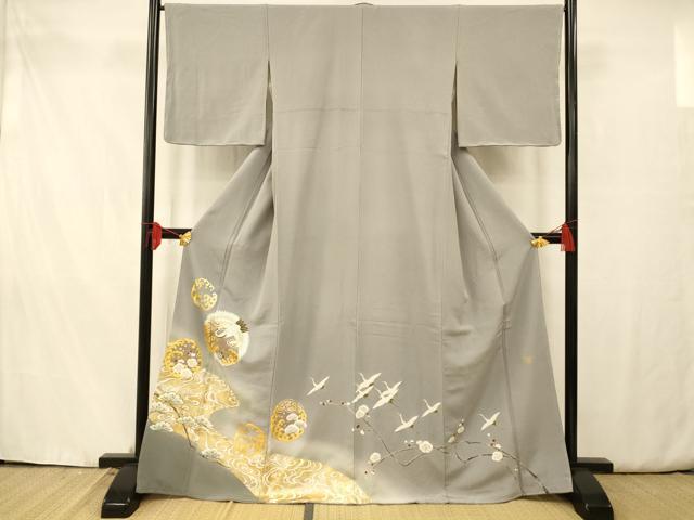 平和屋着物■色留訪問着 作家物 駒刺繍 流水群鶴文 暈し染め 金銀彩 金糸 正絹 逸品 AAAU7838fw