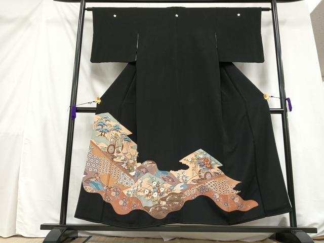 平和屋着物■豪華黒留袖 駒刺繍 御所車風景文 金糸 正絹 逸品 AAAZ3482mf