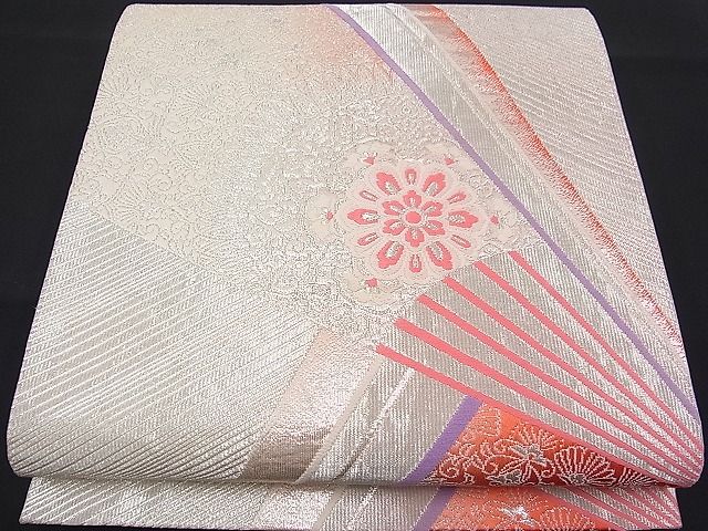 平和屋着物■六通柄袋帯 唐織 扇面吉祥花文 銀糸 逸品 n-fw1453