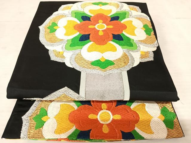 平和屋着物◎六通柄袋帯 唐織 正倉院花文 黒地 金銀糸 正絹 逸品 AAAU2971yx