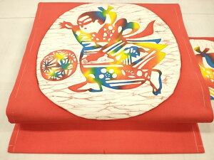 平和屋着物●型絵染の人間国宝 稲垣稔次郎 九寸名古屋帯 型染 童子遊び 正絹 逸品 未使用 DAAW4289cm