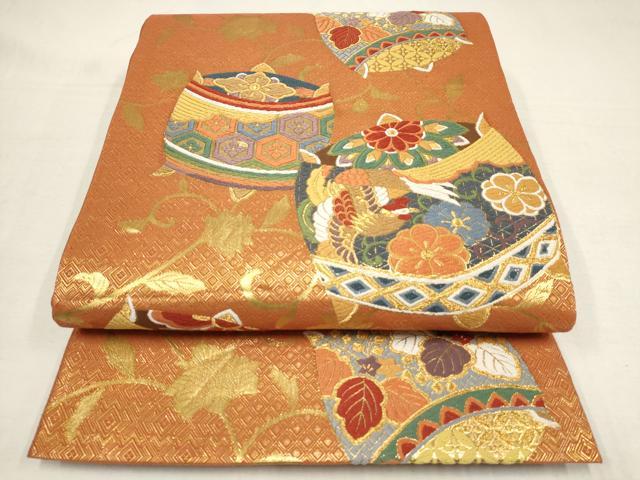 平和屋着物▼六通柄袋帯　唐織　更紗糸巻文　金糸　正絹　逸品　AAAU1678wj