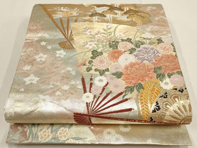 平和屋着物▼六通柄袋帯　扇面花鳥文　金銀糸　正絹　逸品　AABD8233wj