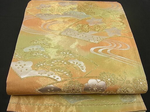 平和屋着物■六通柄袋帯 流水地紙松梅文 金銀糸 逸品 n-by2335 平和屋着物■六通柄袋帯 流水地紙松梅文 金銀糸 逸品 n-by2335