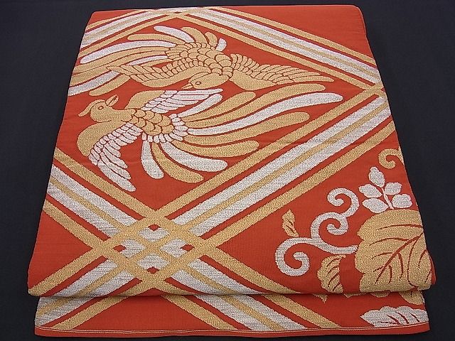 平和屋着物■太鼓柄袋帯　綴れ　向かい鳳凰切菱文　金銀糸　逸品　n-ds1152