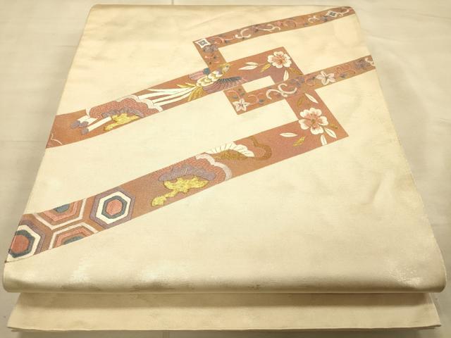 平和屋着物◎太鼓柄袋帯　刺繍　檜垣花鳥文　金糸　引箔　正絹　逸品　CAAS4410ft