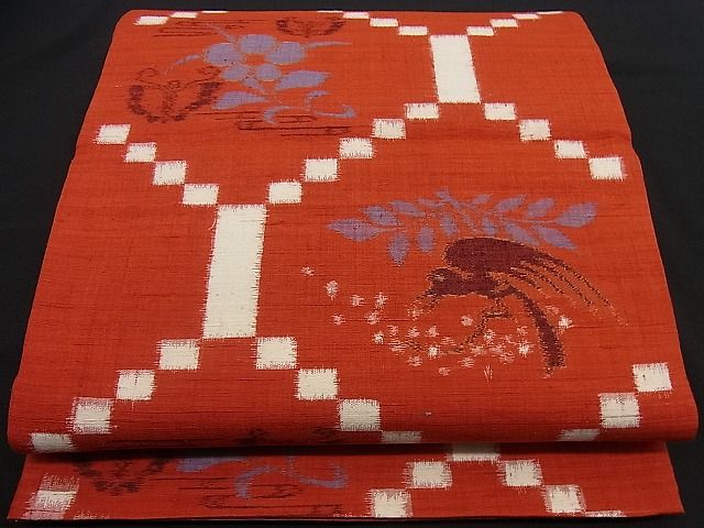 平和屋着物■六通柄袋帯　紬地　吉祥花鳥蝶文　逸品　n-ev0323