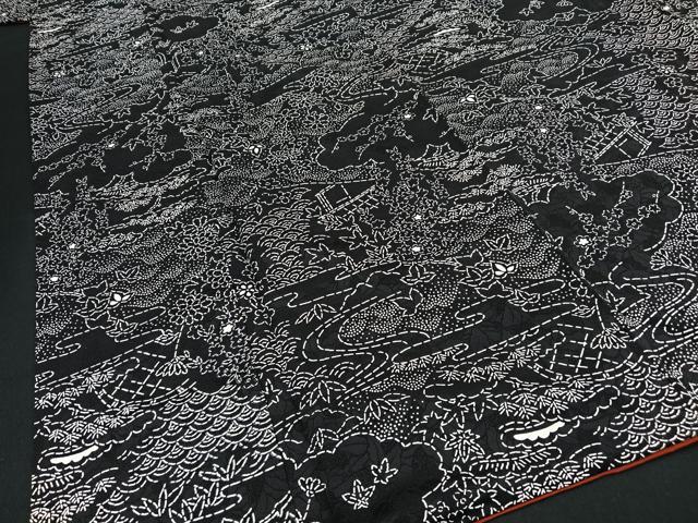 平和屋着物■上質な小紋 流水草花文 黒地 正絹 逸品 BAAR8920wb