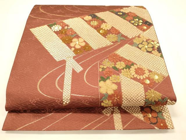 平和屋着物◎六通柄袋帯　刺繍　草木染　環織　流水花文　金糸　正絹　逸品　DAAI5975op