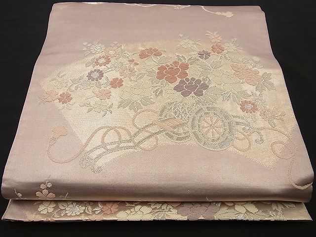 平和屋着物■六通柄袋帯　唐織　地紙花車文　銀糸　逸品　n-fn0872