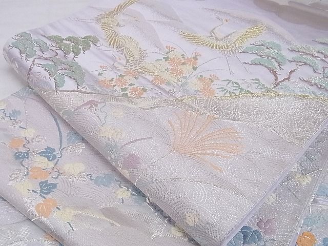 平和屋着物■六通柄袋帯　唐織　飛鶴草花文　金銀糸　正絹　逸品　A-gk010