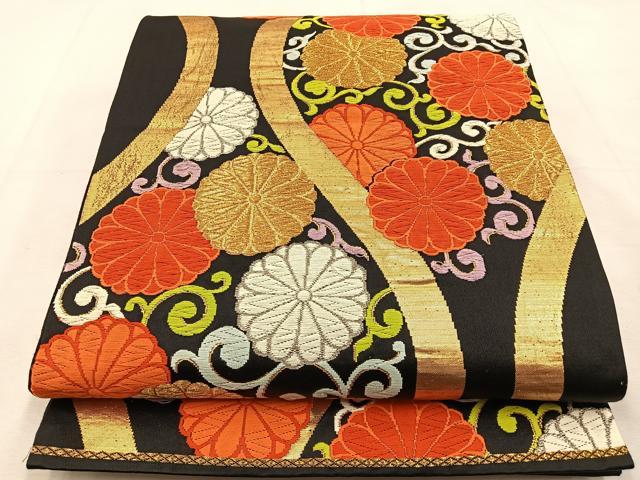 平和屋着物◎六通柄袋帯　唐織　立涌菊唐草文　黒地　金銀糸　正絹　逸品　BAAT9989hj