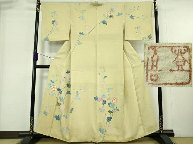 平和屋着物●極上　人間国宝・羽田登喜男　訪問着　駒刺繍　枝菊　たたき染め　逸品　DZAB6174kh6