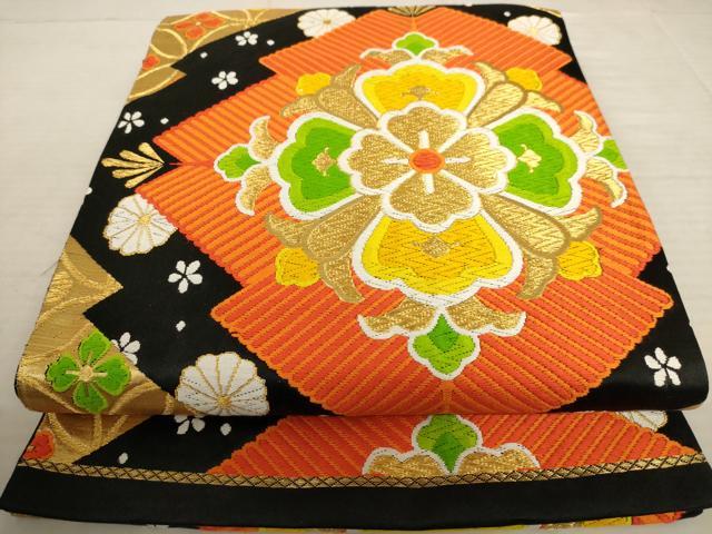 平和屋着物◎六通柄袋帯　唐織　正倉院花文　黒地　金糸　正絹　逸品　AAAU8943dt