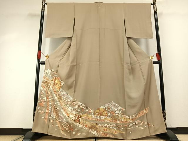 平和屋着物●豪華色留袖　友禅　駒刺繍　熨斗花文　金彩　正絹　逸品　AABG4746fy
