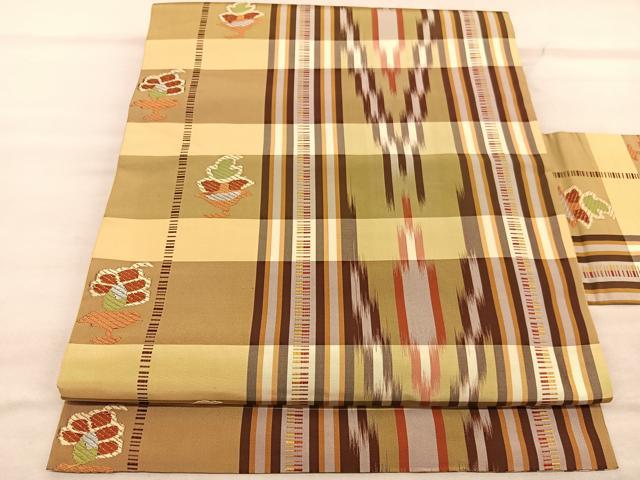 平和屋着物◎九寸名古屋帯　唐織　格子花文　正絹　逸品　BAAU8170hv