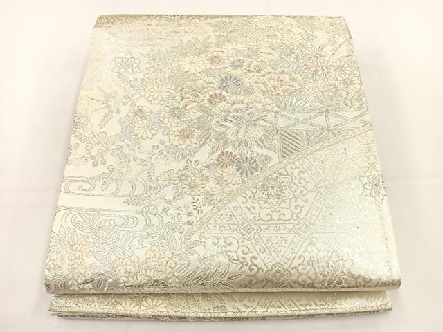 平和屋着物◎六通柄袋帯　唐織　青海花絵巻文　銀糸　正絹　逸品　BAAT5197jr