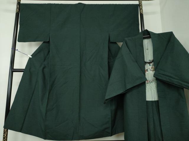 平和屋着物●男性 紬 アンサンブル 長羽織 色無地 深緑色 正絹 逸品 DAAS3307ps