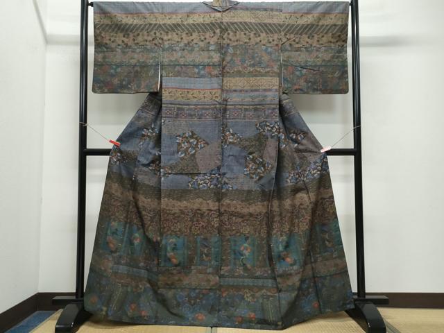 平和屋着物●訪問着　小千谷紬　更紗花唐草文　正絹　逸品　CAAY3024vf