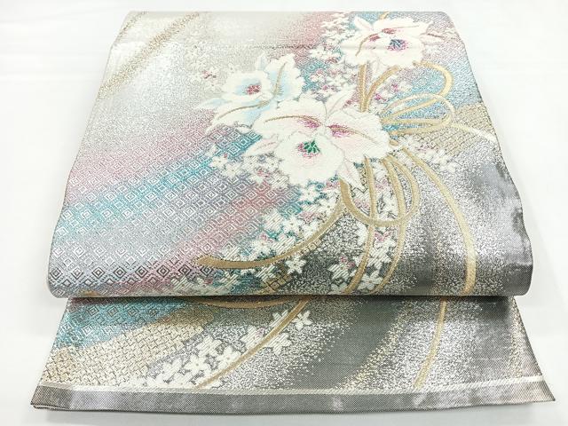 平和屋着物◎六通柄袋帯　草花文　金銀糸　正絹　逸品　CABB1013nb