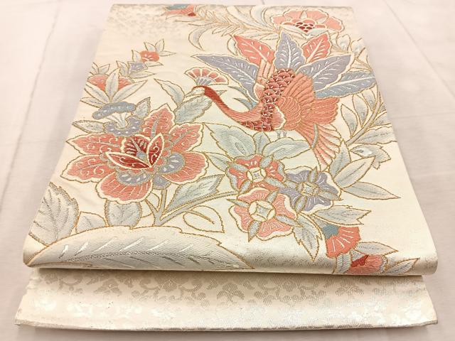 平和屋着物◎太鼓柄袋帯　鳳凰更紗　銀糸　正絹　逸品　BAAV6830yc