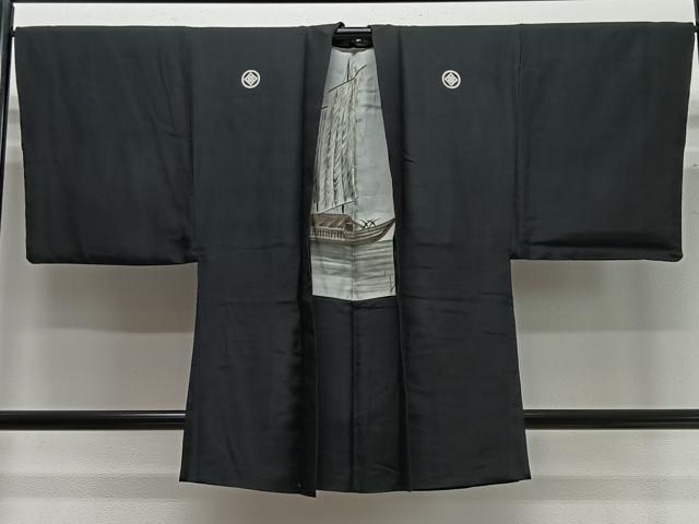 平和屋着物∞男性　長羽織　黒紋付　羽裏：舟　正絹　逸品　CABC3168ua