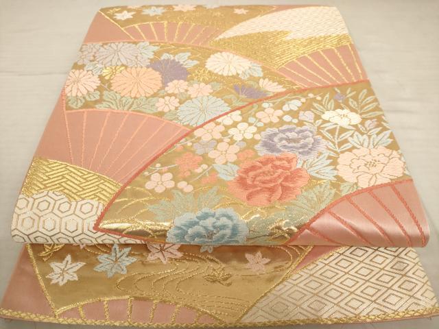 平和屋着物◎六通柄袋帯　唐織　扇面花文　金糸　正絹　逸品　AAAU8908dt