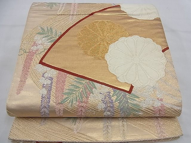 平和屋着物■六通柄袋帯　唐織　扇面菊花文　金銀糸　逸品　n-ea0402