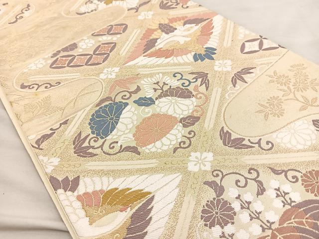 平和屋着物◎六通柄袋帯　唐織　天井双鶴花文　金糸　正絹　逸品　BAAR4780ct