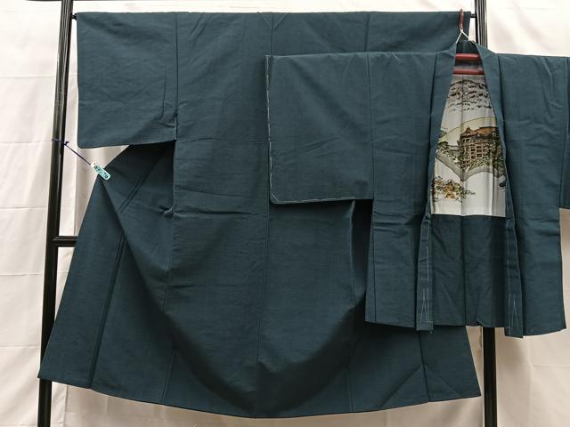 平和屋着物■男性 紬 アンサンブル 色無地 藍色 正絹 逸品 未使用 BAAP9151sa