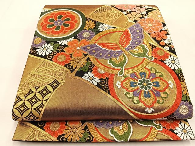 平和屋着物◎六通柄袋帯　唐織　麗姿競映絞　黒地　金糸　正絹　逸品　BAAS6366hj