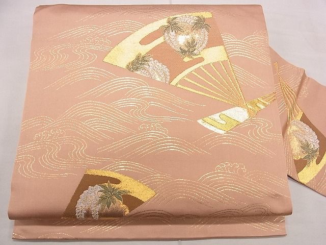 平和屋着物■九寸名古屋帯 唐織 立波扇面花丸文 金糸 逸品 eg0656