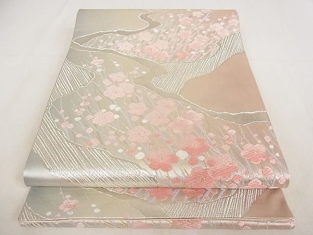 平和屋着物◎六通柄袋帯　唐織　流水草花文　金銀糸　正絹　逸品　AAAG9822Apf