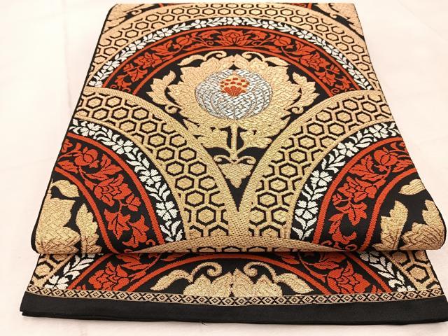 平和屋着物◎西陣まいづる謹製　六通柄　本袋帯　唐織　みやび錦　更紗青海波　黒地　金銀糸　袋帯　正絹　逸品　BAAV4762yc