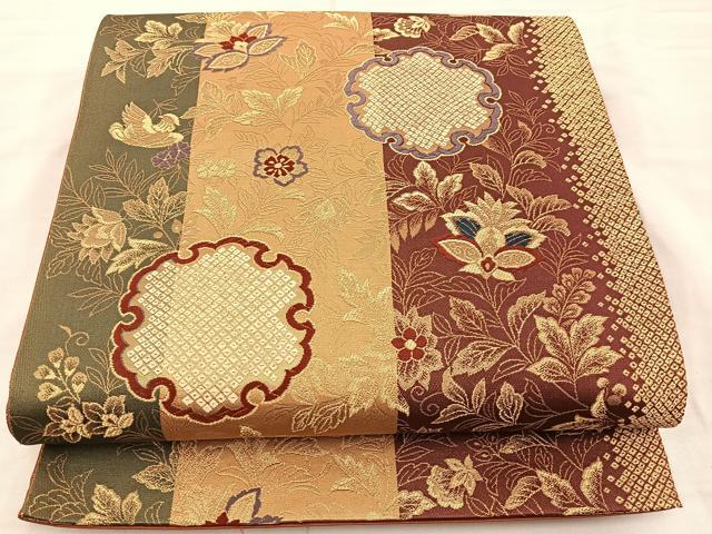 平和屋着物◎六通柄袋帯 大正ロマン 雪輪花鳥文 金糸 正絹 逸品 BAAS5512bs