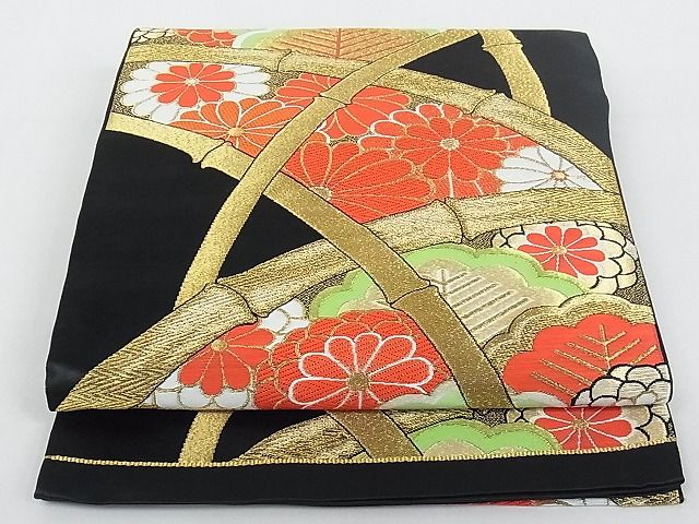 平和屋着物◎六通柄袋帯　花籬文　黒地　金糸　正絹　逸品　AAAF7696Ast