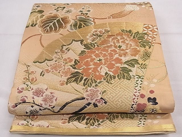 平和屋着物■アンティーク　大正ロマン　両面　全通柄袋帯　檜扇花文　金糸　逸品　1fb0406