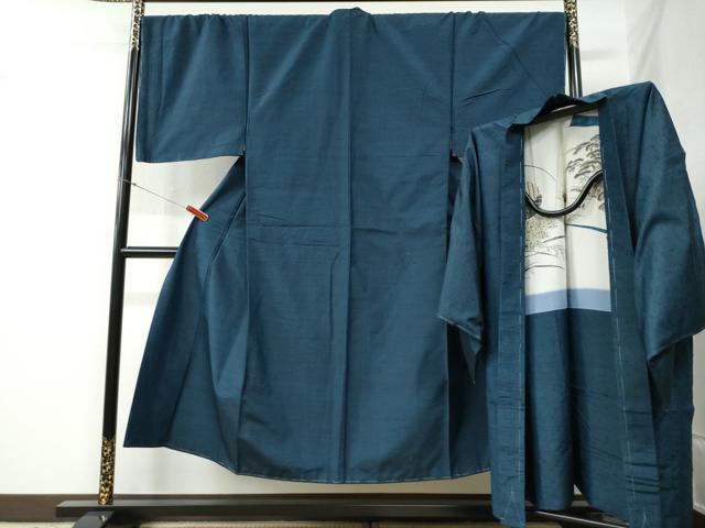 平和屋着物●男性　紬　髭紬羽織セット　色無地　留紺色　正絹　逸品　未使用　CABB4704yc