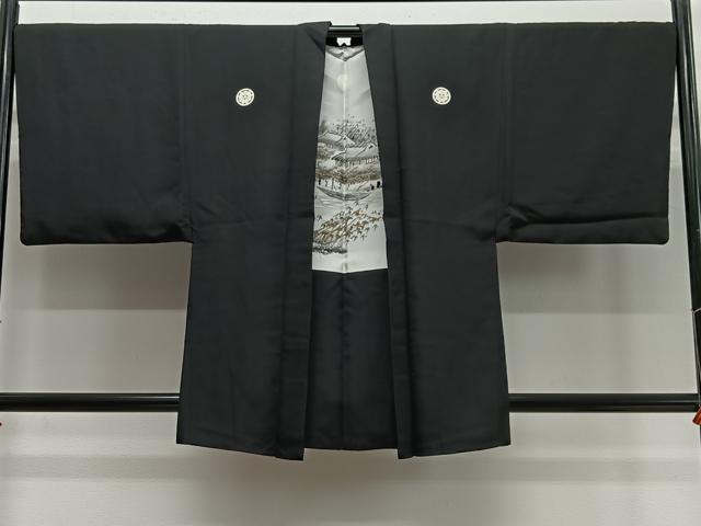 平和屋着物∞男性 羽織 黒紋付 羽裏：風景文 正絹 逸品 CABC3169ua