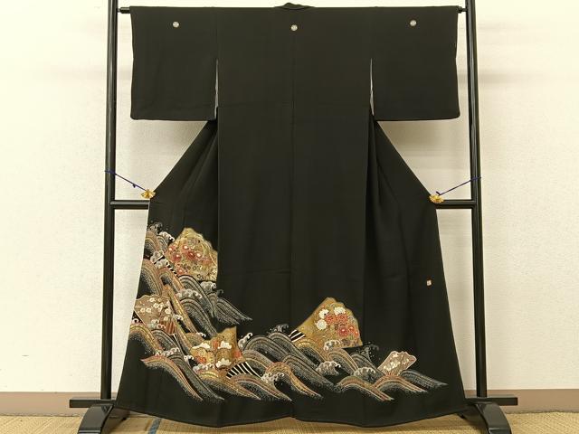 平和屋着物■豪華黒留袖　作家物　立波扇面花鳥文　金銀彩　正絹　逸品　BAAV2056hj