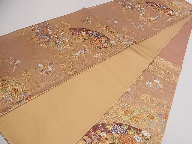 平和屋着物◎六通柄袋帯　流水扇面草花文　金糸　逸品　DAAB0566ud