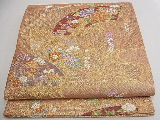 平和屋着物◎六通柄袋帯 流水扇面草花文 金糸 逸品 DAAB0566ud 平和屋着物◎六通柄袋帯 流水扇面草花文 金糸 逸品 DAAB0566ud