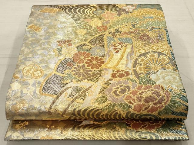 平和屋着物▼佐賀錦　六通柄袋帯　御所車花文　金銀糸　正絹　逸品　AABD2964wj