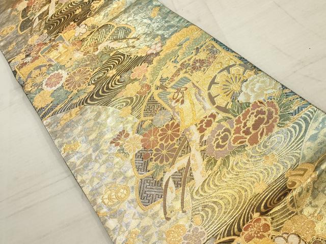 平和屋着物▼佐賀錦　六通柄袋帯　御所車花文　金銀糸　正絹　逸品　AABD2964wj
