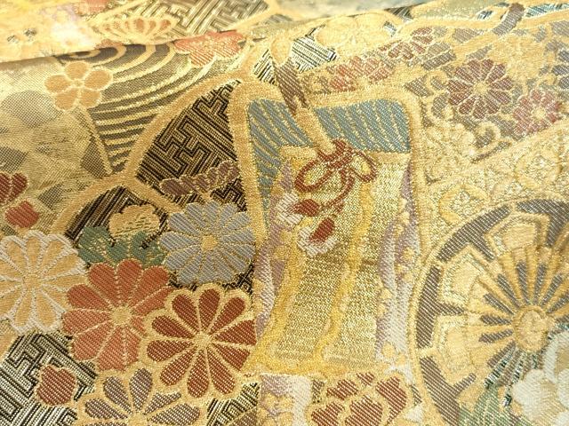 平和屋着物▼佐賀錦　六通柄袋帯　御所車花文　金銀糸　正絹　逸品　AABD2964wj