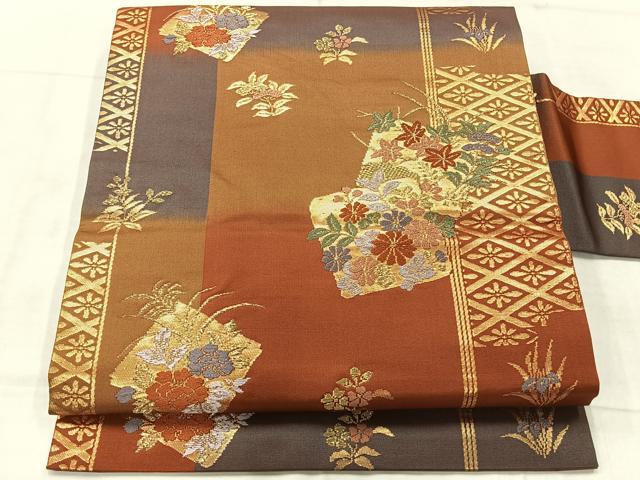平和屋着物◎九寸名古屋帯　唐織　色紙花文　金糸　正絹　逸品　AABF9725uk...