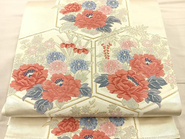 平和屋着物◎六通柄袋帯　唐織　亀甲草花文　金銀糸　正絹　逸品　BAAR4795ct