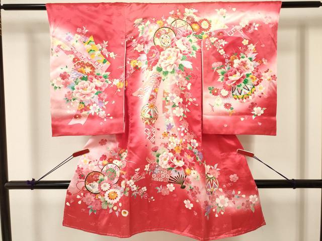Kimono （For Girls） - 平和屋着物[]お宮参り　女の子　祝着　産着　初着　のしめ　鼓扇面鞠花文　暈し染め　金彩　逸品　未使用　DABA3920ma